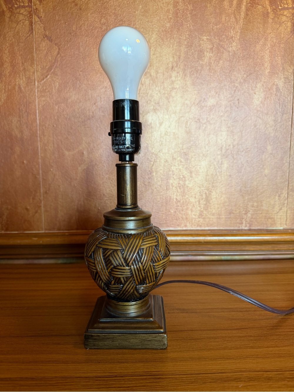 Vintage Bamboo Basketweave Table Lamp Base Faux Brass Resin Boho Regency 12"